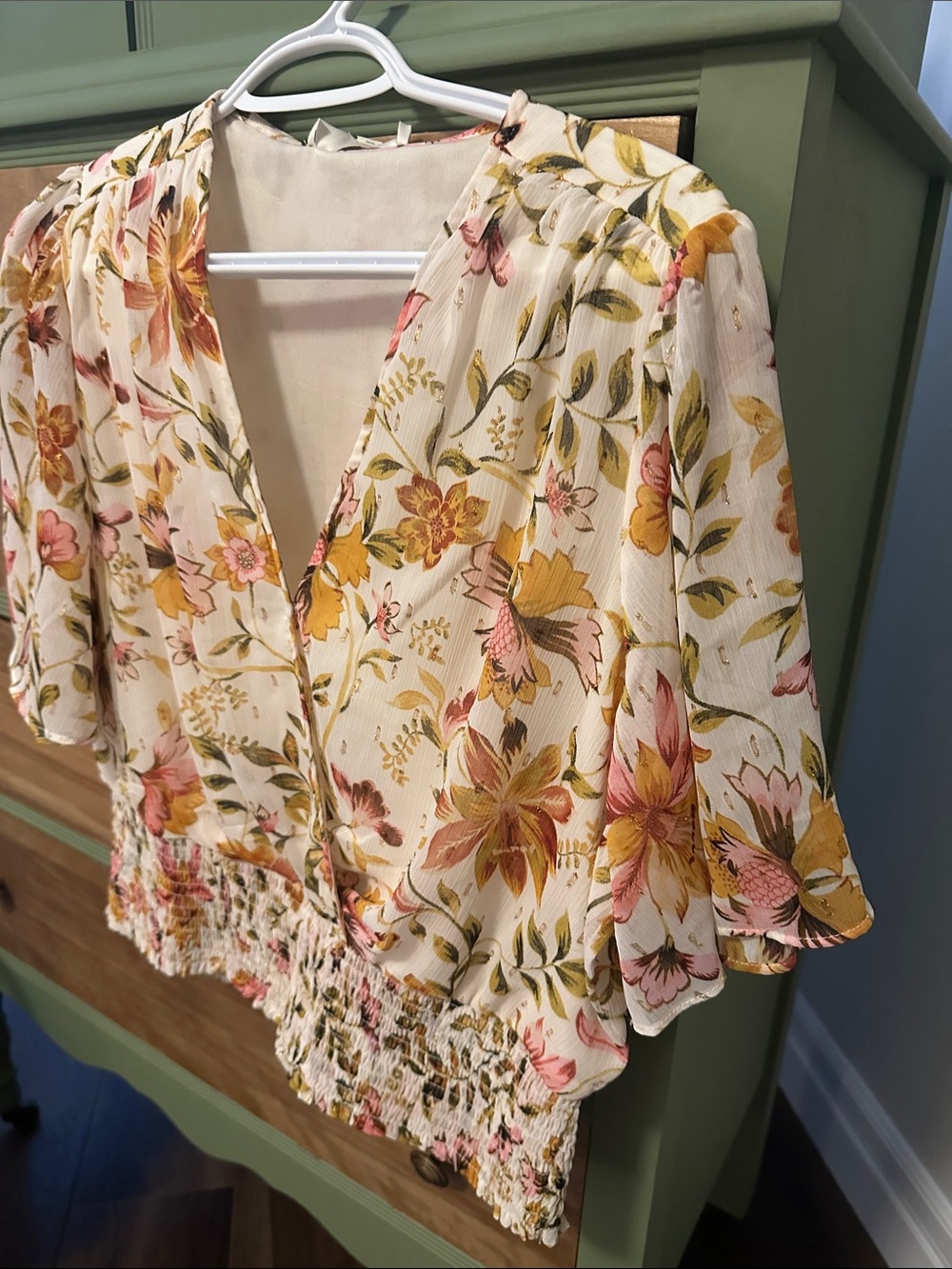 Floral V-Neck Smocked Waist Blouse - Cream with Yellow & Pink Flowers